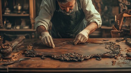 Artisan's Craft: A skilled craftsman meticulously works on intricate detailing of antique furniture, his gloved hands delicately shaping and restoring the piece in a warm, inviting workshop setting. 