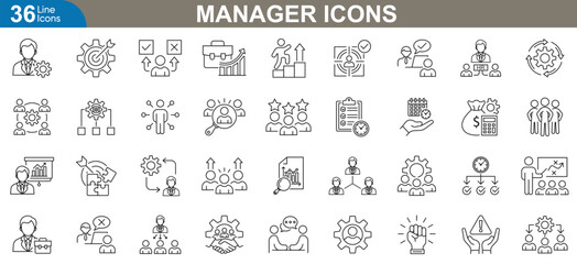 Manager icons set. Vector illustrations representing leadership, business management, corporate strategy, team coordination, project planning, decision Making, performance Analysis and more.