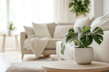 A large monstera plant in a sleek white ceramic pot, placed beside a minimalist gray armchair in a bright modern living room