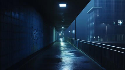 3D illustration of a dark moody pedestrian walkway in a gritty downtown area at night Noirstyle environment concept