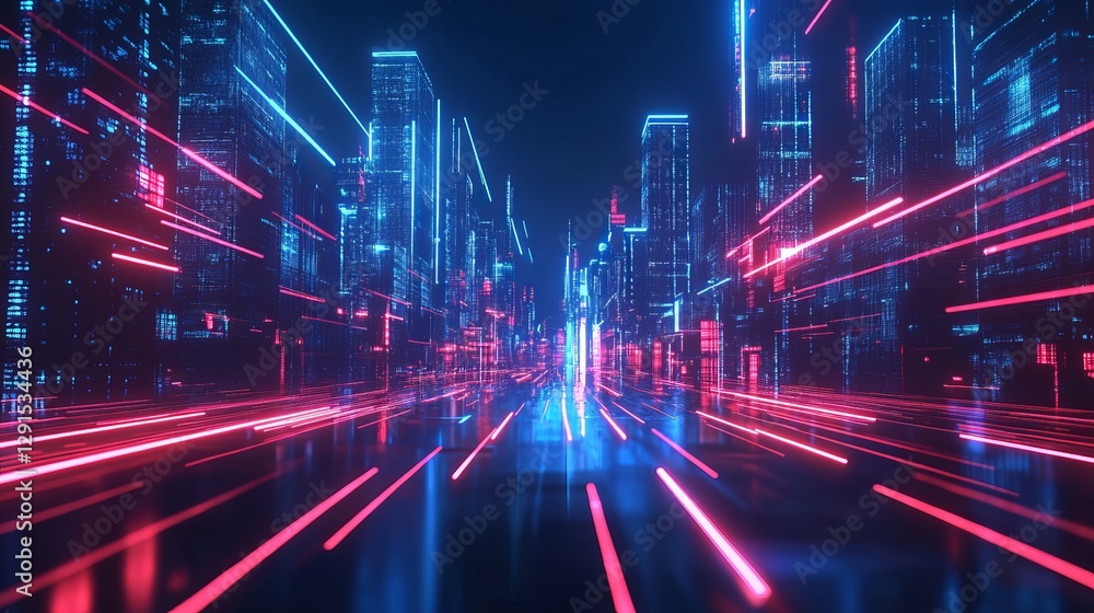 Poster 3d rendering of a cityscape featuring red and blue light trails in the sky concept of a futuristic c