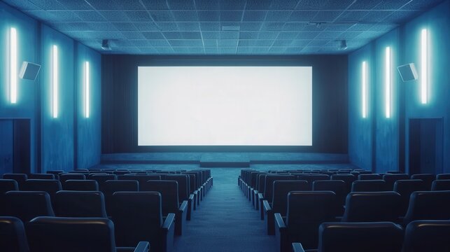 Empty movie theater with a bright screen and rows of seats, suggesting anticipation and entertainment. Ideal for cinema, event planning, and screenwriting concepts.