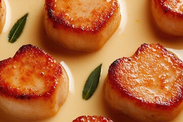 Golden seared scallops arranged artfully on creamy sauce with fr