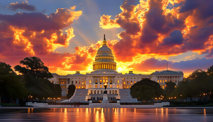 Obraz premium Majestic sunset at the u.S. Capitol building washington d.C. Landscape photography urban environment wide angle view iconic landmark