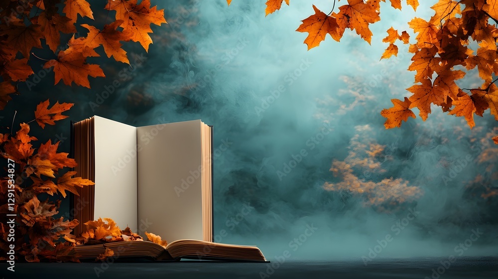Poster enchanted autumn forest scene with an open book resting amongst vibrant golden maple leaves and a dr