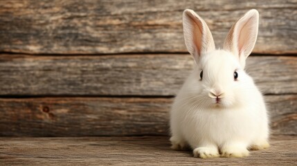 Obraz premium Fluffy white rabbit, wooden backdrop, soft light, serene atmosphere.