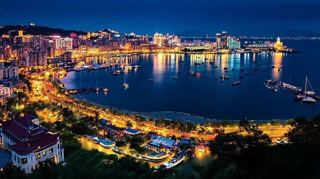 Night Lights of Coastal Cityscape: A Panoramic View of Dalian's Illuminated Waterfront