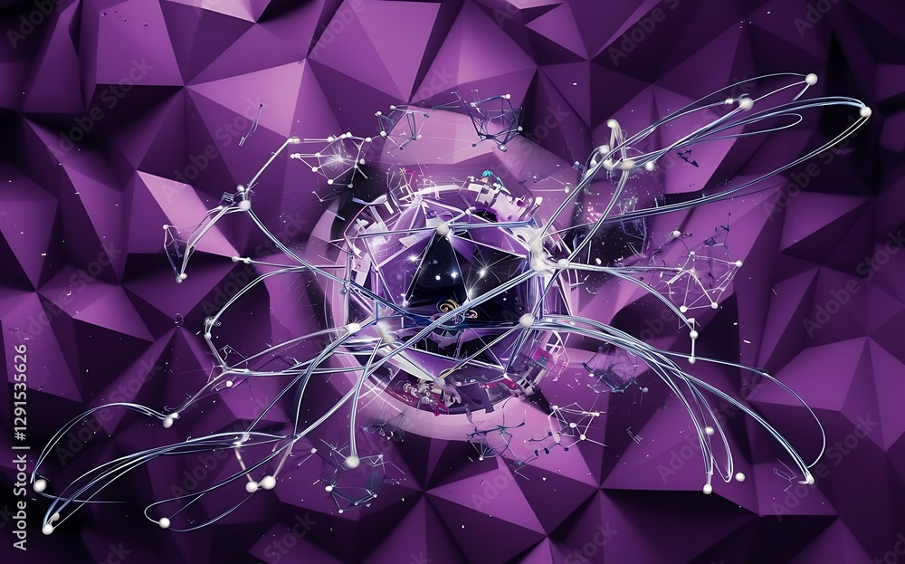 Poster abstract geometric purple polygonal background molecule and communication connected lines with dots 
