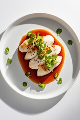 Delicate dumplings elegantly arranged on vibrant sauce, garnishe