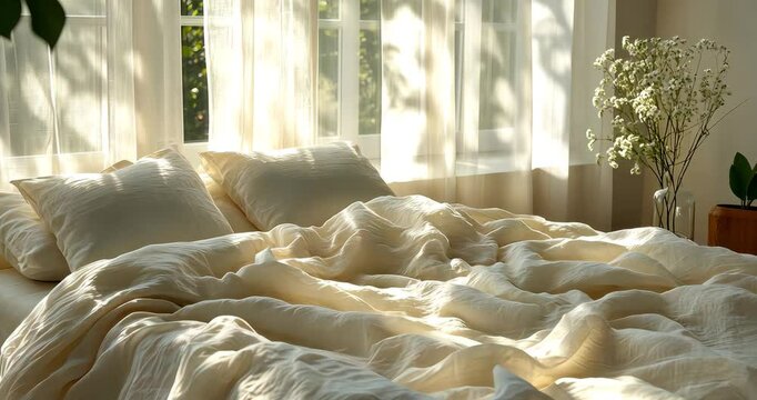 Sunlight streams through a window onto an unmade bed with beige linen bedding in a cozy bedroom.