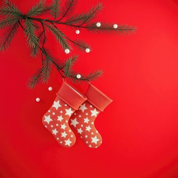 A red background with a fir branch featuring hungred white star-patterned stockings and small snowflakes falling down around them, Christmas, holly, pine