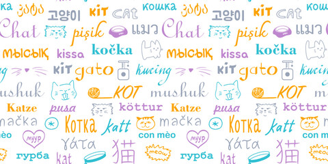Cute vector seamless pattern, word cat in different languages,cat items and faces