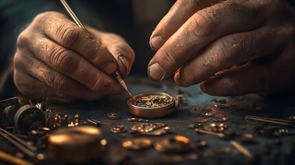 Time's Precision: A skilled artisan meticulously works on the intricate mechanisms of a vintage pocket watch, showcasing the beauty of craftsmanship and attention to detail.