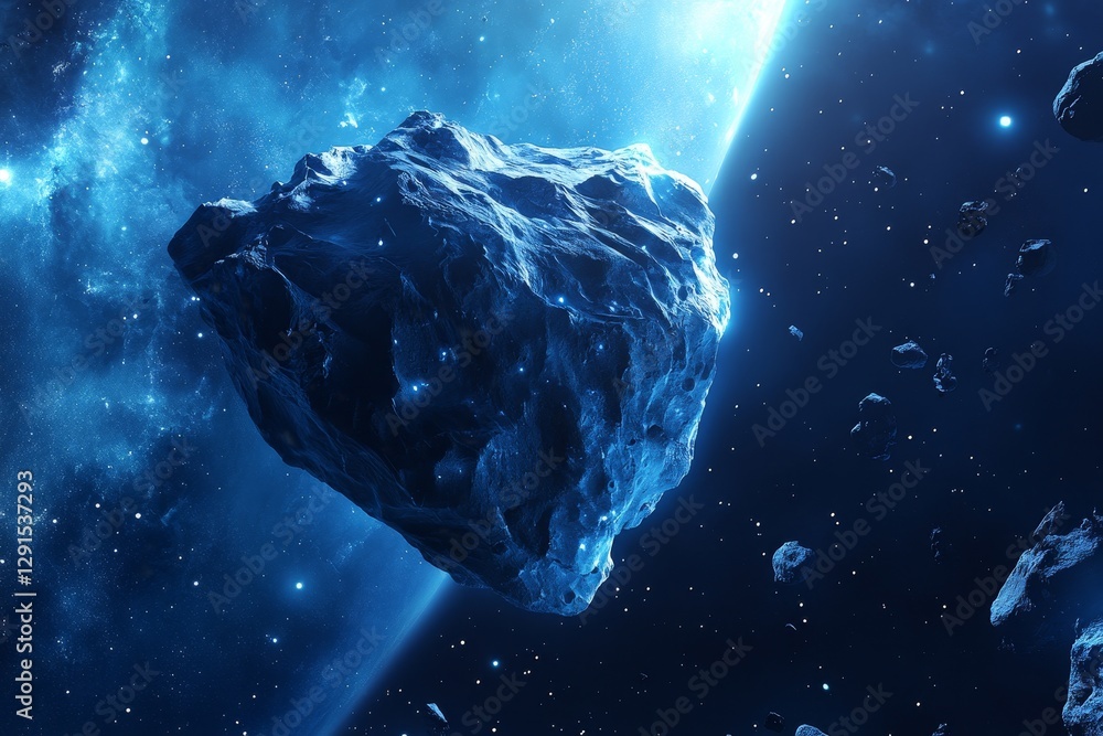 Poster cosmic asteroid floating in vibrant space with distant stars and nebulae