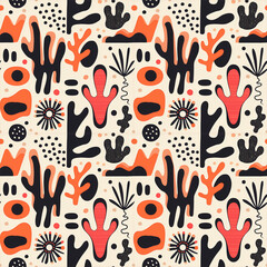 Stylish seamless pattern with abstract shapes and bold colors on a light background