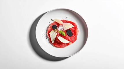 Elegant dish features vibrant colors and unique textures, showca