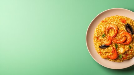 Vibrant seafood dish featuring shrimp and mussels garnished with