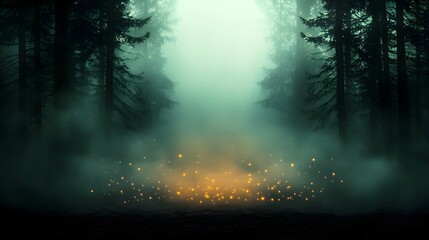 Fototapeta premium Enchanted fantasy forest scene with glowing fireflies mysterious fog and captivating natural lighting A mystical and dreamy landscape that evokes a sense of wonder and magic