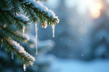 Glistening icicles hang from a frosty evergreen, frosty, frozen, snowflakes