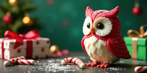 Naklejka premium Candy cane owl on table with colorful wrapping paper and bows, festive, sweets