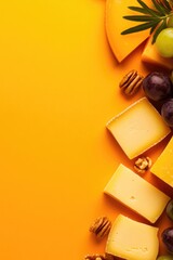 Cheese and fruits arranged artistically on vibrant yellow backgr