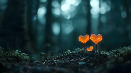 Enchanted Forest Glowing Hearts Ethereal Dreamy Mushroom Scene in Misty Magical Woodland with Captivating Atmosphere
