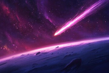 Obraz premium Cosmic Comet Over Alien World with Vibrant Purple Nebula