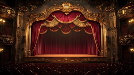 Grand Theatre Stage: Capture the opulence of theatre, an empty stage framed by ornate gold detailing and a rich red curtain, evoking the anticipation of a performance.