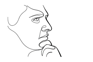 One line drawing, pensive face, thoughtful expression, profile view, minimalist art, contemplation, s