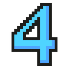 Blue number four pixel art symbol isolated on a white background. Vector 8 bit illustration.
