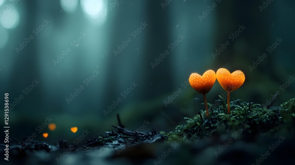 Poster enchanted forest scene with glowing heart shaped mushrooms emerging from the mist creating a dreamy 
