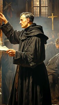 A protestant reformer pointing to the 95 theses against the contemporary practices of the church vertical video 4K