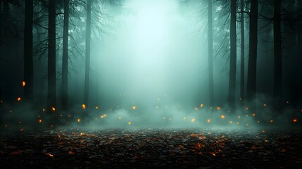 Naklejka premium Enchanted forest scene with glowing fireflies illuminating the mysterious fog and shadowy trees Fantasy landscape with a magical dreamy atmosphere