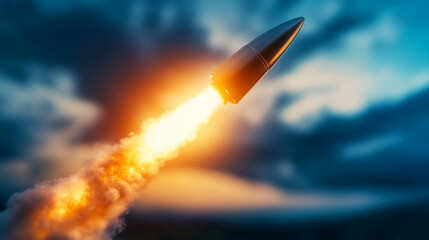 Rocket Launching into the Sky with a Bright Flame Against a Stunning Evening Background