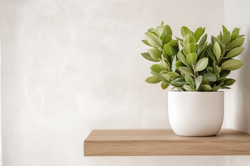 Fototapeta premium A small jade plant in a minimalist white pot, placed on a floating shelf against a textured white wall