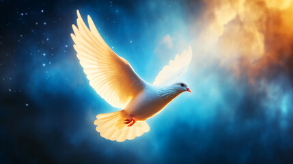Fototapeta premium Majestic White Bird Soaring Against Dramatic Colorful Sky with Stars and Ethereal Light