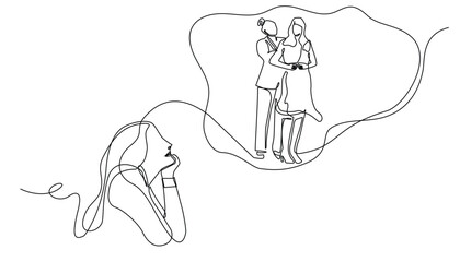 one continuous line dreamy woman imagining herself a fashion stylist.one line drawing vector illustration.isolated white background