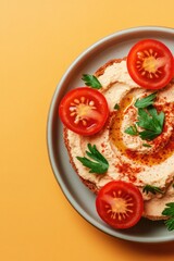 Creamy hummus topped with fresh tomatoes and herbs on vibrant ba
