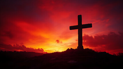 Dramatic Silhouette of a Cross Against a Fiery Sunset Sky, Symbol of Faith