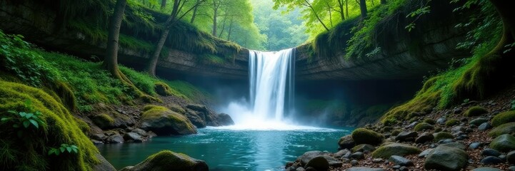 Fototapeta premium dense forest with a powerful waterfall cascading down rocky terrain, waterfall, algae, moss