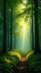 Obraz premium Dense forest with sunlight filtering through trees and a tranquil atmosphere, woods, nature, peaceful