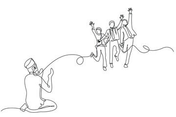 continuous line of muslim man praying to become a successful businessman.single line vector illustration.isolated on white background