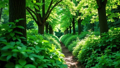 Obraz premium Dense green netting in a garden with many trees and shrubs, organic, twigs, garden feature