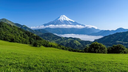 Fototapeta premium Majestic mountain peak, clouds, green valley, scenic landscape, travel postcard