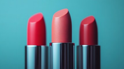 Obraz premium Three vegan lipsticks in varying shades of red and pink stand on teal background. Modern composition