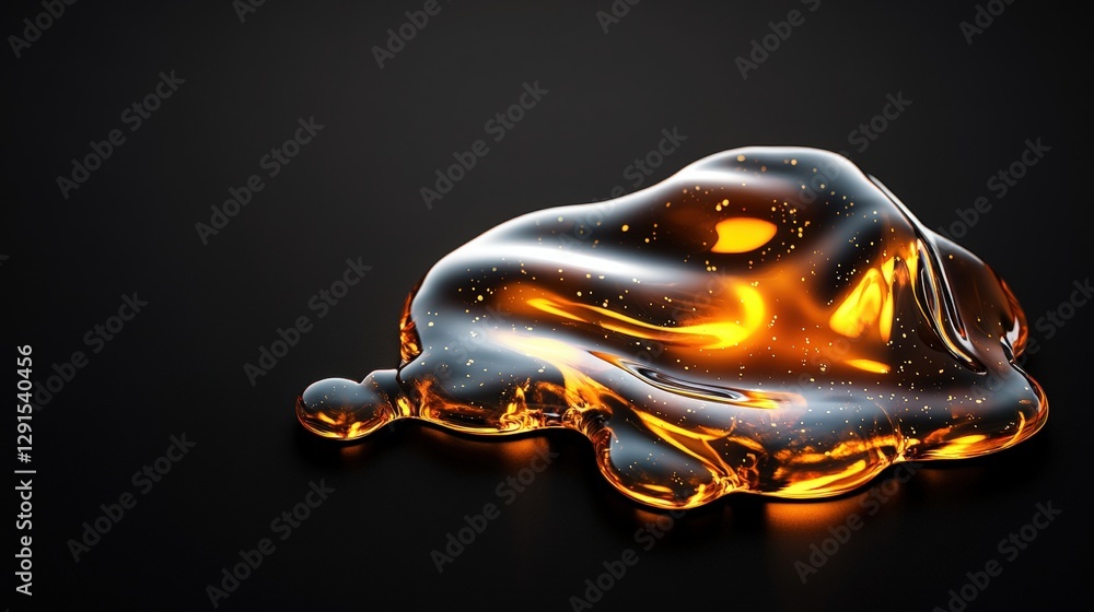 Poster shiny liquid on a black background creating abstract patterns and reflections in a smooth surface