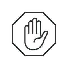 Obraz premium Stop hand, icon in line design. Stop hand, hand gesture, warning sign, prohibition, hand symbol, stop sign, caution on white background vector. Stop hand editable stroke icon