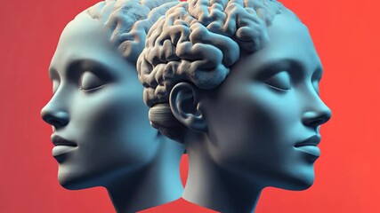 Dynamic brain activity illustrated through two human heads showcasing vibrant cerebral interactions, 3d of two human heads with bright brain activities