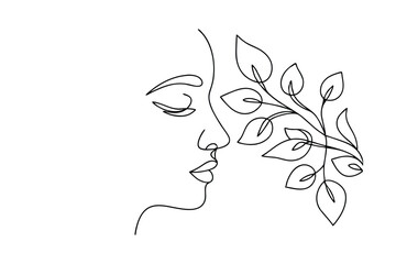 Serene Woman's Face, One Line Art, Nature, Leaves, Branch, Minimalist, Elegant, Beauty, Botanical, Dra