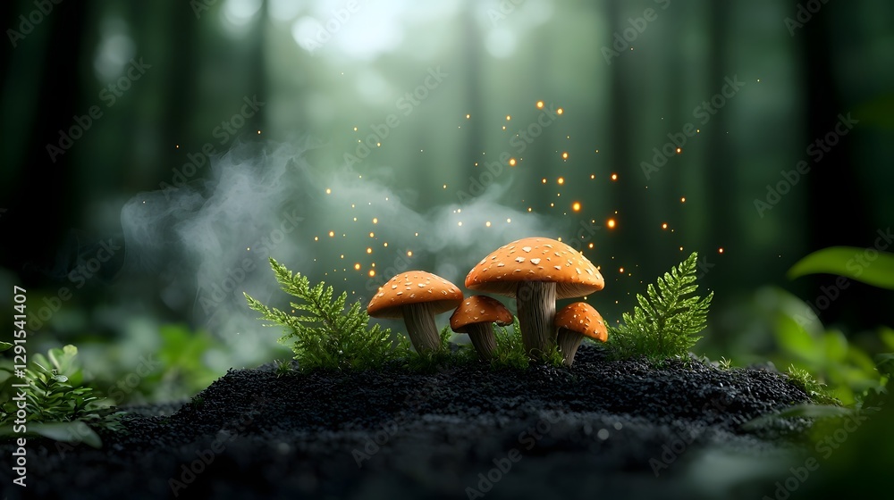 Poster enchanted forest with glowing mushrooms fairy dust floating in the air and a dark misty space in the